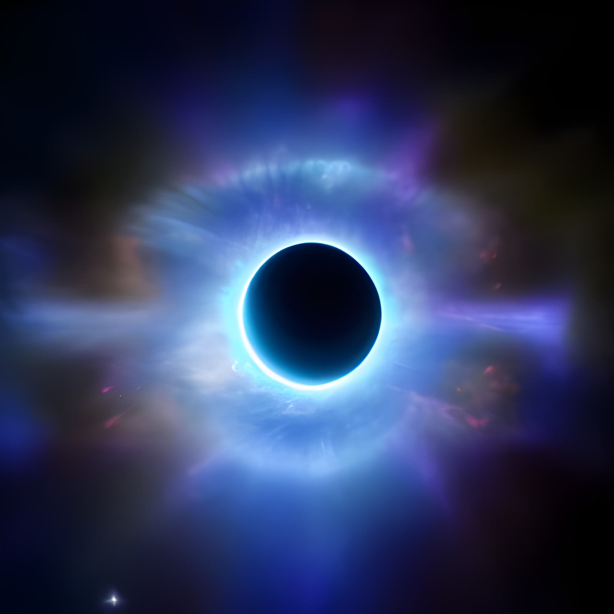 Image in space showing a big black mass in the center sourrounded by a white halo.