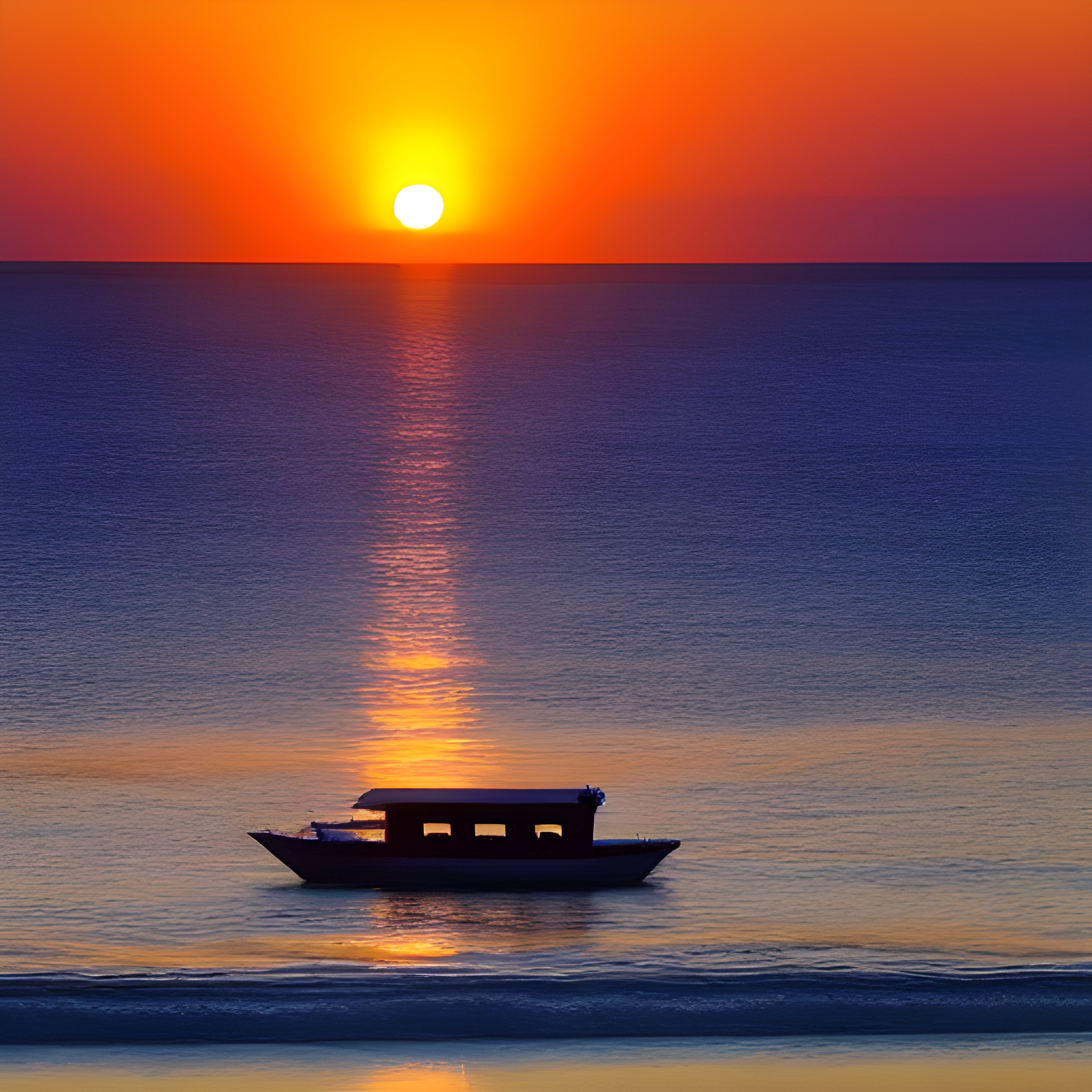 Image of a boat on the ocean with a setting sun in the background.