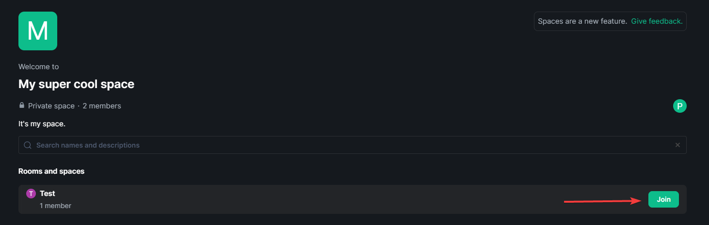 Screenshot of Element showing how to join a room within a space.