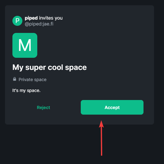 Screenshot of Element in which you can see the Accept or Reject dialog for a Space.
