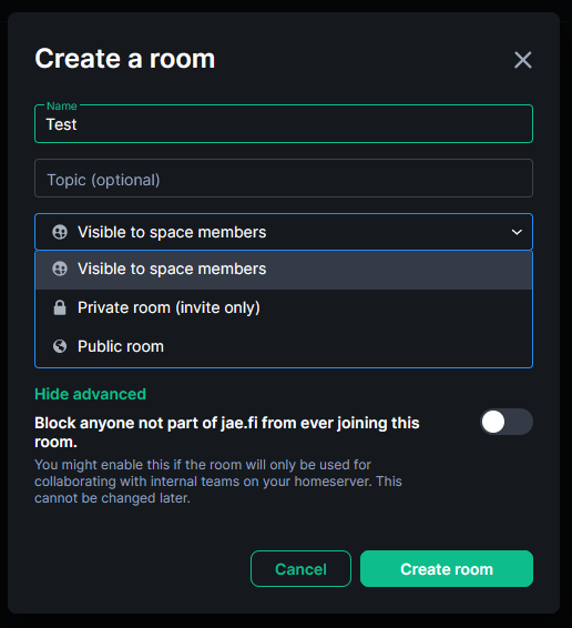 Screenshot of Element showing the room creation dialog.