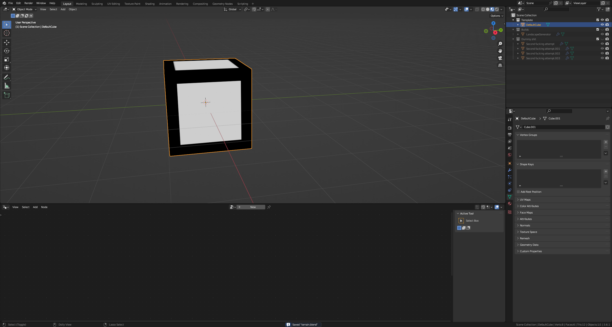 Black and white cube in the centre of the Blender viewport.