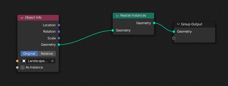 Screenshot of Blender showing a simple three node design to be able to export geometry nodes.