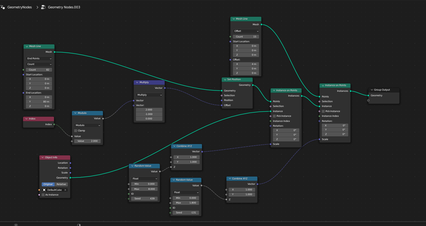 Screenshot of the Blender Geometry Nodes showing how to generate an array of cubes with randomized height.