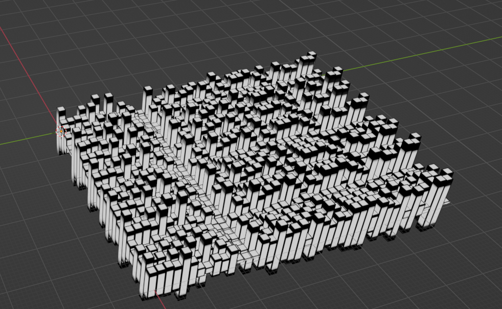 Screenshot of Blender showing a generated bunch of cubes with variable heights.