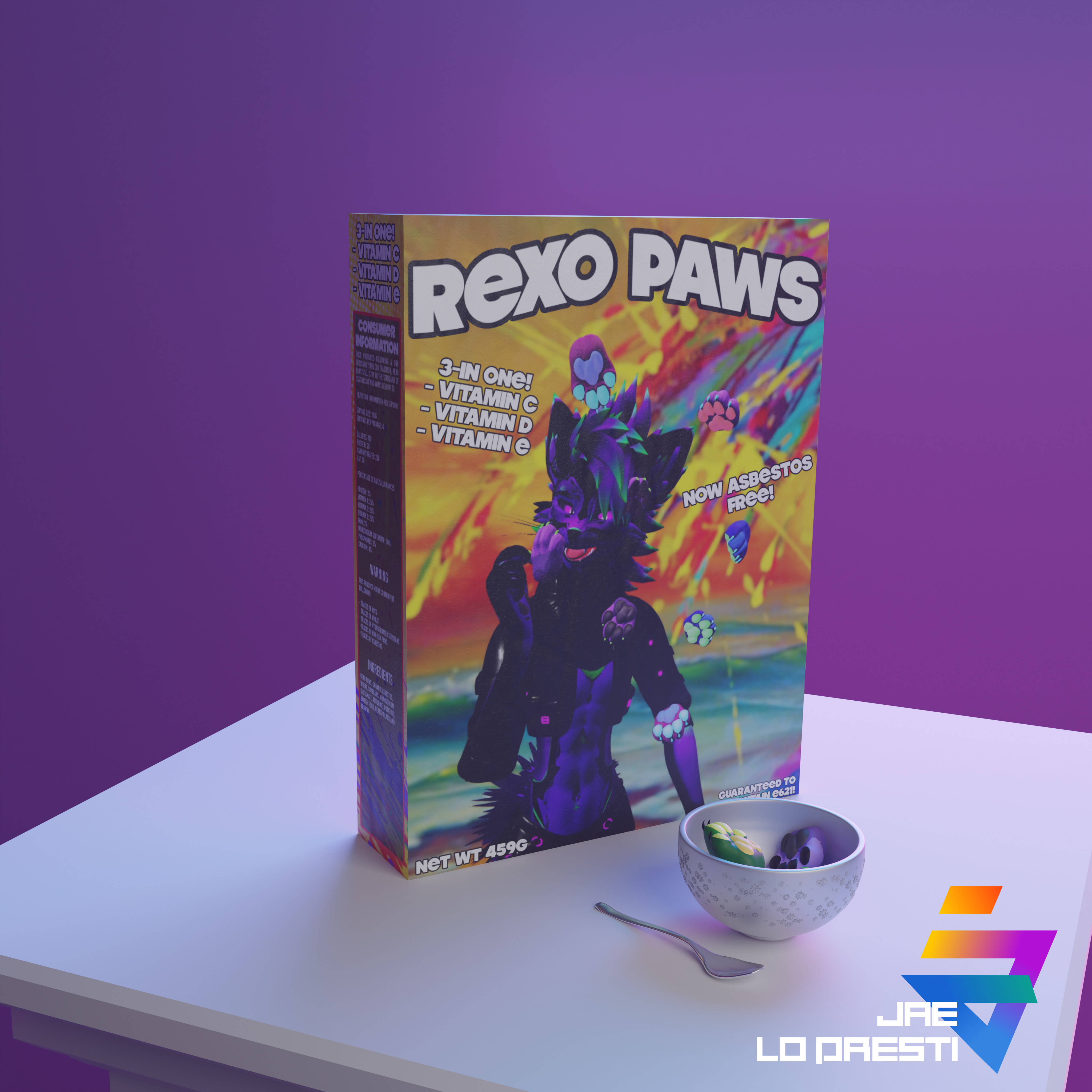Cereal box of the fake brand "Rexo Paws" well lit and with a bowl filled with paws on the same table.